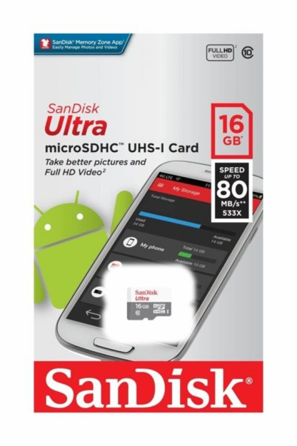 SanDisk Ultra® 16GB 80MB/s microSDHC™/microSDXC™ UHS-I Hafıza Kartı SDSQUNS-016G-GN3MN