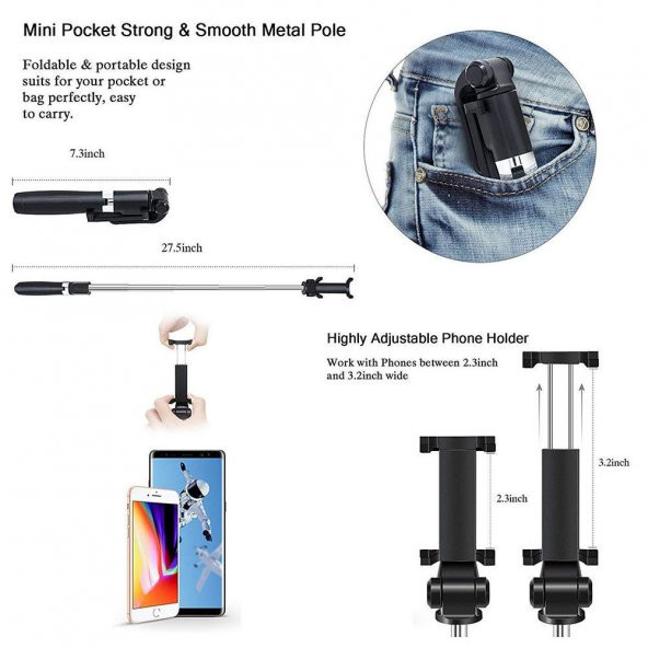Tripod Özellikli Selfie Çubuğu Selfie Monopod Bluetooth Kumandalı - 4