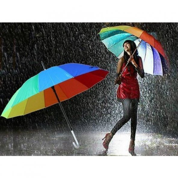 Bayan Erkek Kadın Gökkuşağı Baston Şemsiye Renkli Otomatik