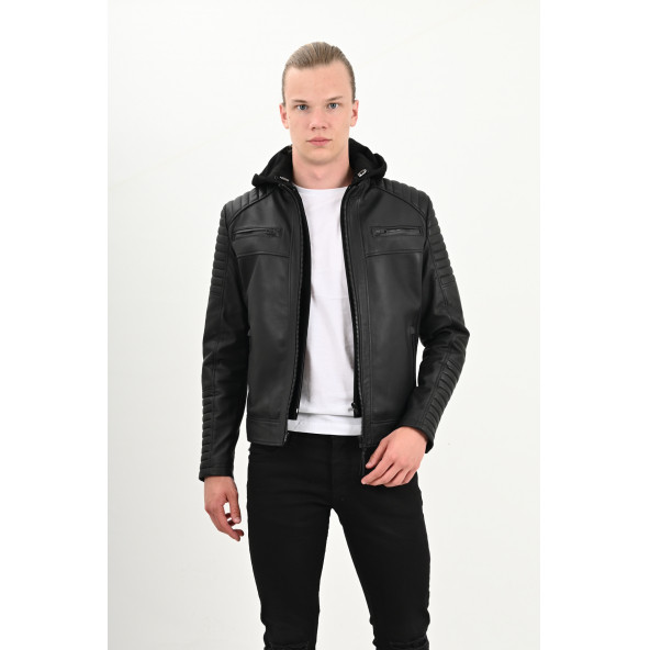 Sherwood Kapüşonlu Siyah Hakiki Deri Ceket Erkek - 2