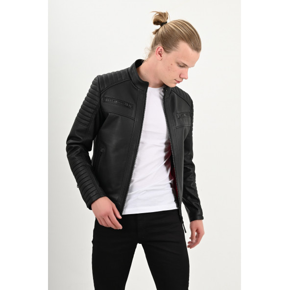 Sandor Fermuarlı Siyah Hakiki Deri Ceket Erkek - 5