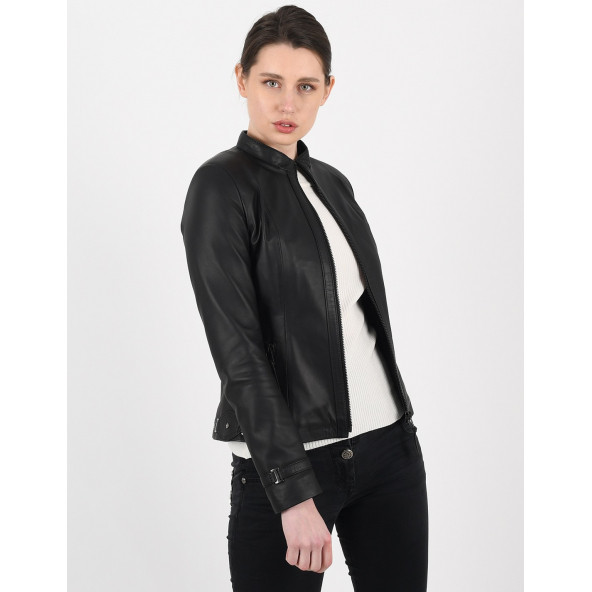 Kibyra Siyah Fit Hakiki Deri Ceket Kadın - 2