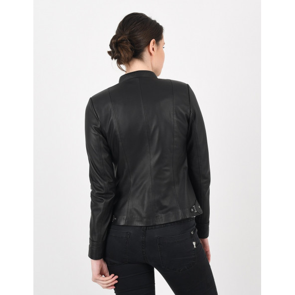 Kibyra Siyah Fit Hakiki Deri Ceket Kadın - 5