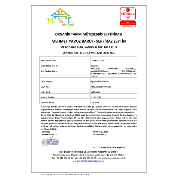 Serfiraz Organik Natürel Sızma Zeytinyağı Teneke 10 Lt - 3