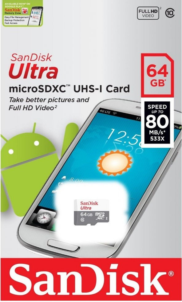 SanDisk Ultra® 64GB 80MB/s microSDHC?/microSDXC? UHS-I Hafıza Kartı SDSQUNS-064G-GN3MN