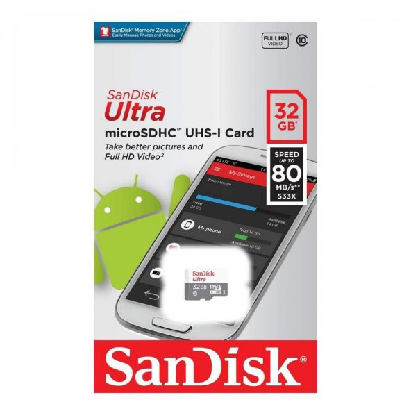 SanDisk Ultra® 32GB 80MB/s microSDHC?/microSDXC? UHS-I Hafıza Kartı SDSQUNS-032G-GN3MN