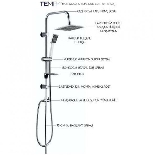 ECA Tiera Banyo Bataryası+TEMA Rain Quadro Tepe Duş Takım+3lü Raf  (469+53240+Süngerlik) 3lü Set - 5