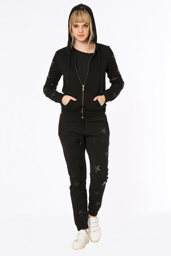 Huesca - Deri Yıldız Aplikeli Siyah Pantolon |160105-1 - 2