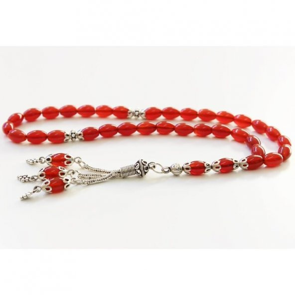 925 Ayar Gümüş Yeni Tasarım Arpa Kesim Akik Taşlı Tesbih - Resim 2