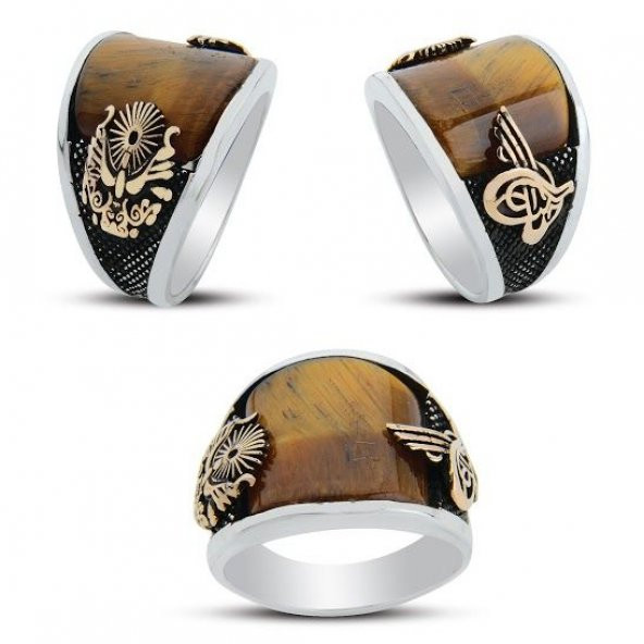 925 Ayar Gümüş Osmanlı Devlet Armalı Kaplan Gözü Taşlı Yüzük ürün görseli 1