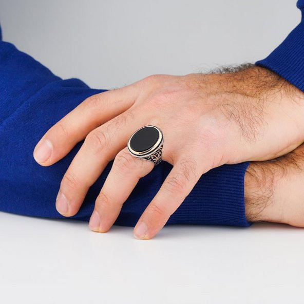 925 Ayar Gümüş Oniks Taşlı Erkek Yüzük - Resim 2