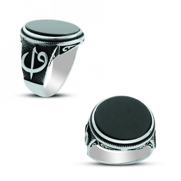 925 Ayar Gümüş Elif Vav Motifli Oniks Taşlı Yüzük ürün görseli