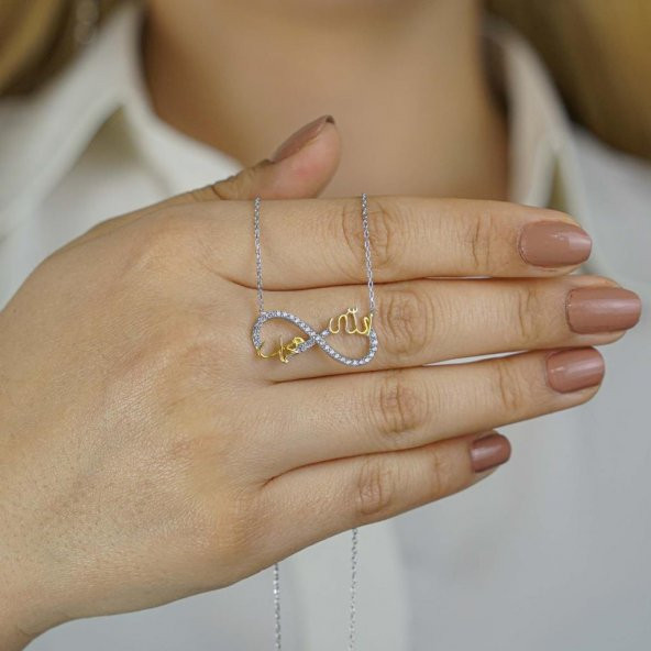 Sonsuzluk Model Allah Muhammed Yazılı Bayan Gümüş Kolye ürün görseli