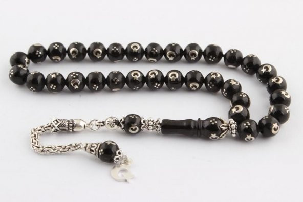 925 Ayar Gümüş Ay Yıldız Model Oltu Taşlı Tesbih ürün görseli