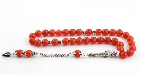 Akik Açık Kırmızı Kristal Kesim Tesbih 925 Ayar Gümüş Püsküllü ürün görseli