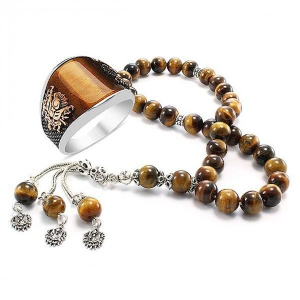 925 Ayar Gümüş Kaplan Gözü Taşlı Yüzük Ve Tesbih Kombinimiz ürün görseli