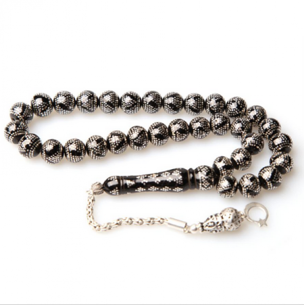 925 Ayar Yoğun Gümüş İşlemeli Küre Kesim Oltu Taşı Tesbih ürün görseli