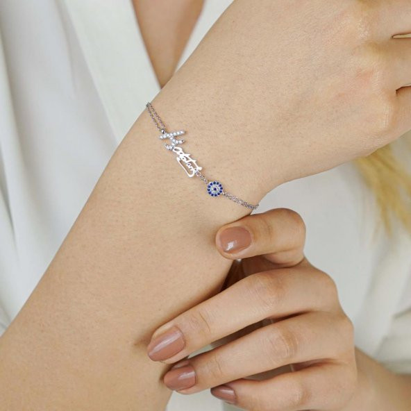 Kemal Atatürk Motifli Nazar Boncuklu Bayan Gümüş Bileklik ürün görseli 1