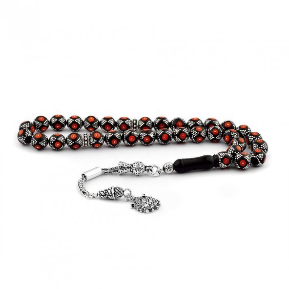 925 Ayar Yoğun Gümüş İşlemeli Erzurum Oltu Taşı Tesbih - Resim 2