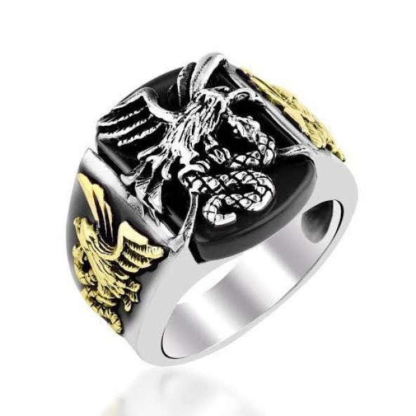 925 Ayar Gümüş Oniks Taşlı Kartal Motifli Yüzük ürün görseli 1