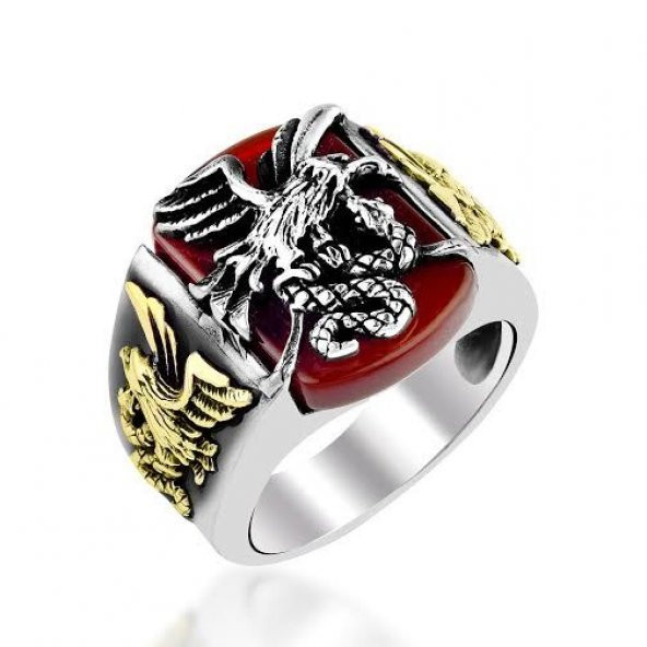 925 Ayar Gümüş Akik Taşlı Kartal Motifli Yüzük ürün görseli 1