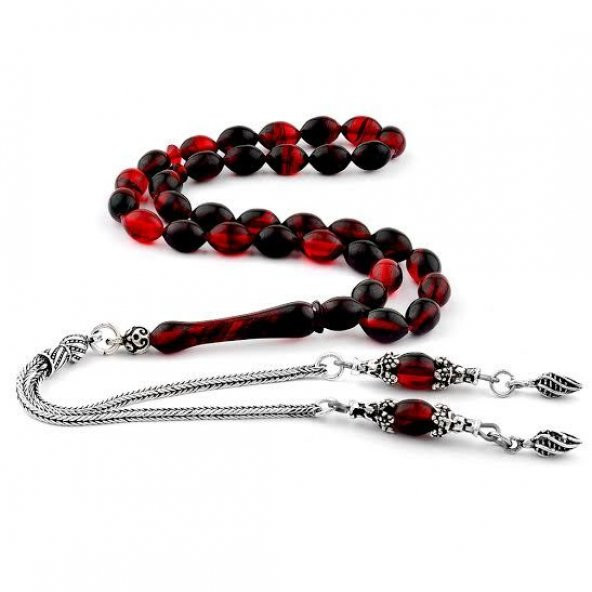 Gümüş Püsküllü Kımızı Siyah Ateş Kehribar Tesbih ürün görseli