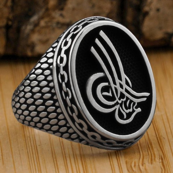 Osmanlı Tuğralı Zincir Desenli 925 Ayar Gümüş Yüzük ürün görseli 1