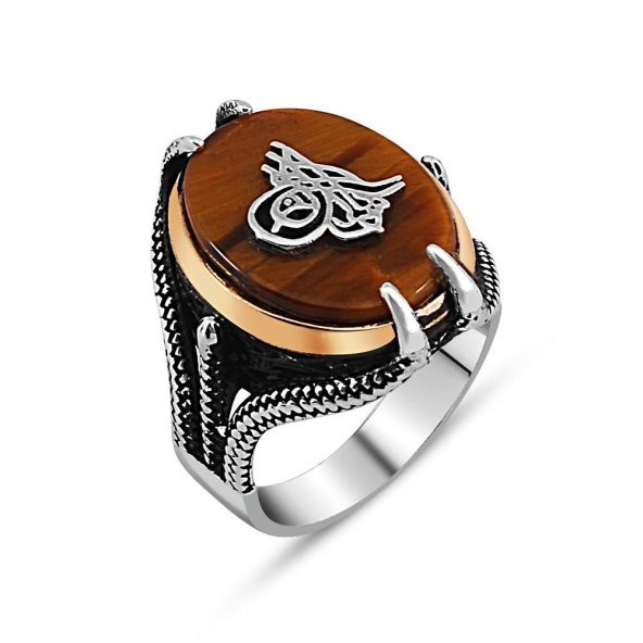 925 Ayar Gümüş Pençeli Tuğra Model Kaplan Gözü Taşlı Yüzük ürün görseli 1