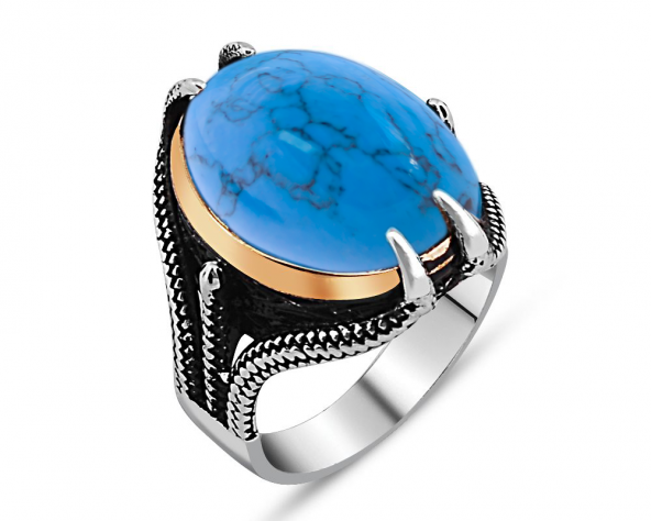 925 Ayar Gümüş Pençeli Firuze Taşlı Yüzük ürün görseli 1