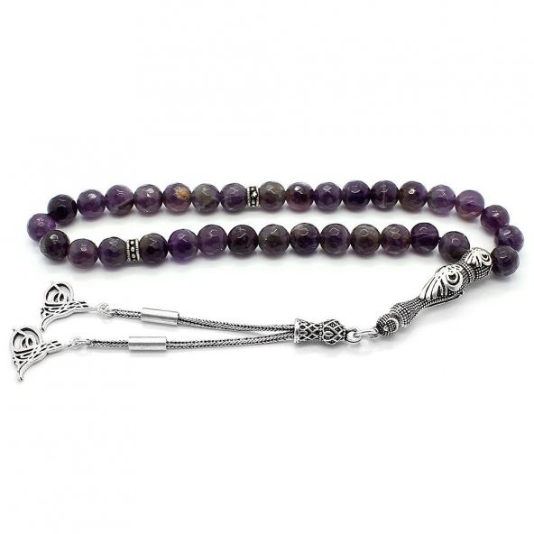 925 Ayar Gümüş Tuğra Motifli Ametist Taşı Tesbih ürün görseli 1