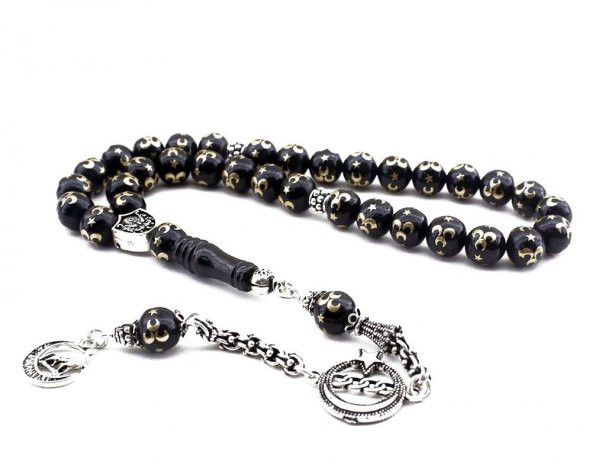 Pirinç İşlemeli Üç Hilal Gümüş Püsküllü Oltu Tesbih ürün görseli 1