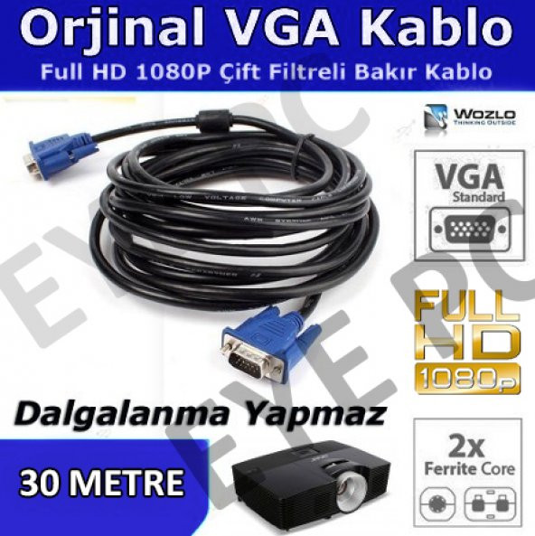 30 METRE VGA KURUMLAR OKULLAR OFİSLER MAĞZALAR İÇİN KALİTELİ KALIN VGA KABLO