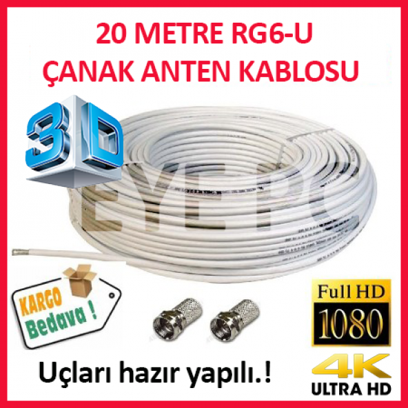 HAZIR F KONNEKTÖRLÜ 20 MT ÇANAK UYDU KABLOSU FULLHD 4K 3D