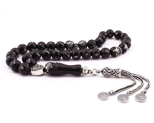 Gümüş İşlemeli Tuğralı Model Gümüşlü Oltu Tesbih ürün görseli 1