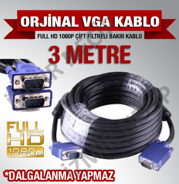 3 METRE VGA TO VGA ERKEK ERKEK KABLO 3 METRE KALİTELİ KALIN