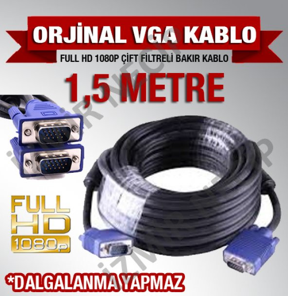 1,5 MT VGA LAPTOP MÖNİTÖR ARASI KABLO KALİTELİ SAĞLAM ÇİFT KÖMÜR