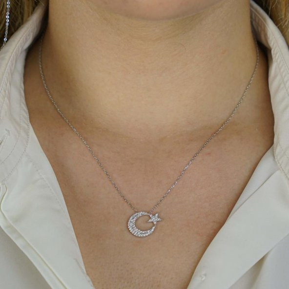 Büyük Boy Ay Yıldız Tasarımlı Beyaz Zirkon Taşlı 925 Ayar Gümüş Kadın Kolye - Resim 2