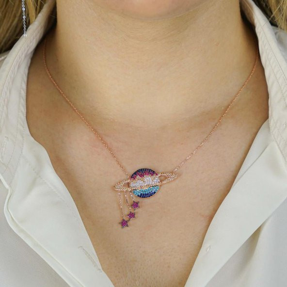 925 Ayar Gümüş Zirkon Taşlı Gezegen Kolye - Resim 2