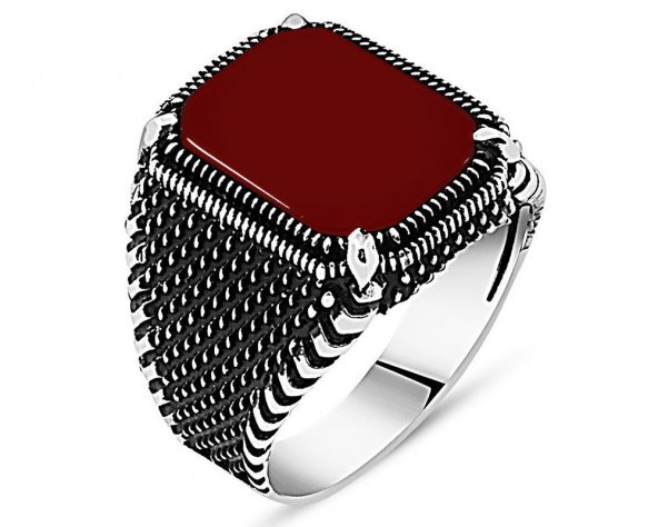 925 Ayar Gümüş Kırmızı Akik Taşlı Yüzük ürün görseli