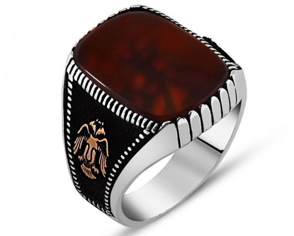 925 Ayar Gümüş Kırmızı Akik Taşlı Yüzük-3 ürün görseli