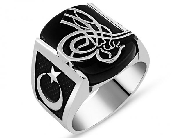 925 Ayar Gümüş Oniks Taşlı Tuğralı  Yüzük ürün görseli