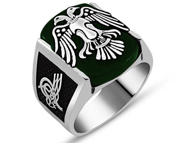 925 Ayar Gümüş Akik Üzerine Çift Başlı Kartal Yüzük ürün görseli