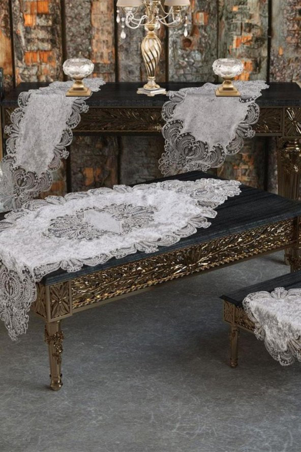 Fransız Güpürlü Yasemin Kadife Salon Takımı 5 Parça Gri - Resim 2