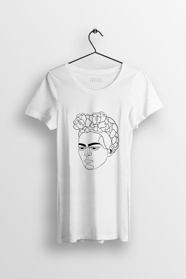 Line Art Kahlo Baskılı Yırtmaçlı Oversize Kadın Tshirt