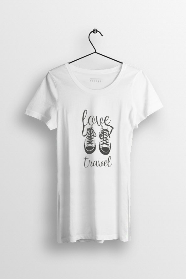 Love Travel Baskılı Yırtmaçlı Oversize Kadın Tshirt