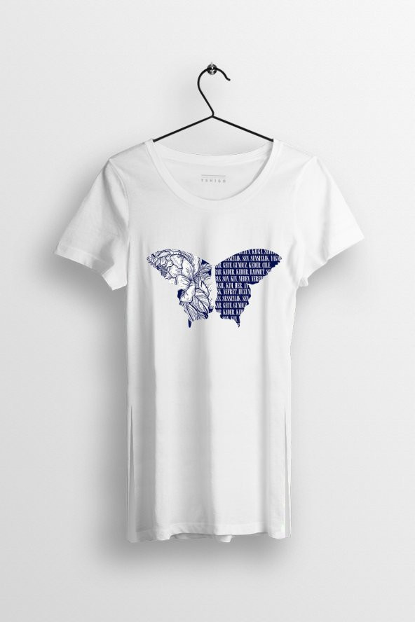 Butterfly Baskılı Yırtmaçlı Oversize Kadın Tshirt