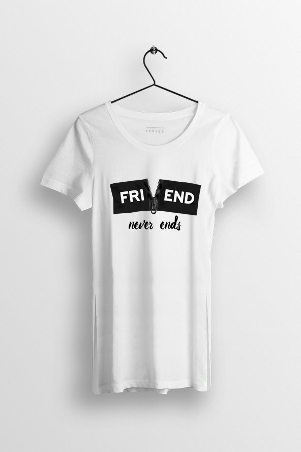 Friend Never End Baskılı Yırtmaçlı Oversize Kadın Tshirt