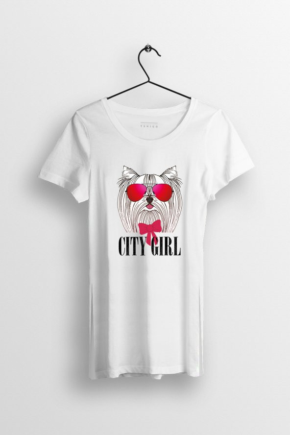 City Girl Baskılı Yırtmaçlı Oversize Kadın Tshirt