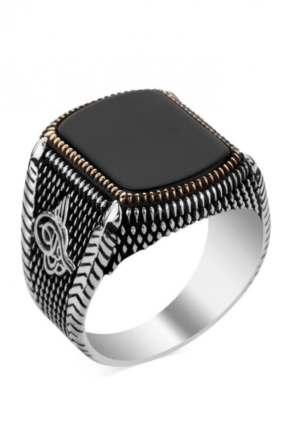 925 Ayar Gümüş Oniks Taşlı Tuğralı Yüzük - Resim 4