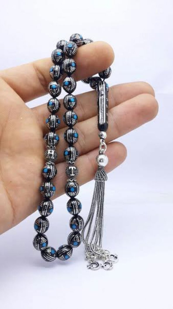 925 Ayar Gümüş  Firuze İşlemeli Erzurum Oltu Tesbih - Resim 2